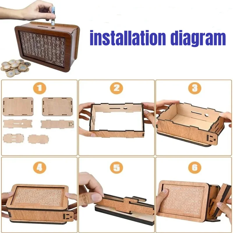 Money Box, Piggy Bank, Wood Money Bank, Reusable Money Box with Saving Goal and Numbers To Check for Helps The Habit of Saving ﻿