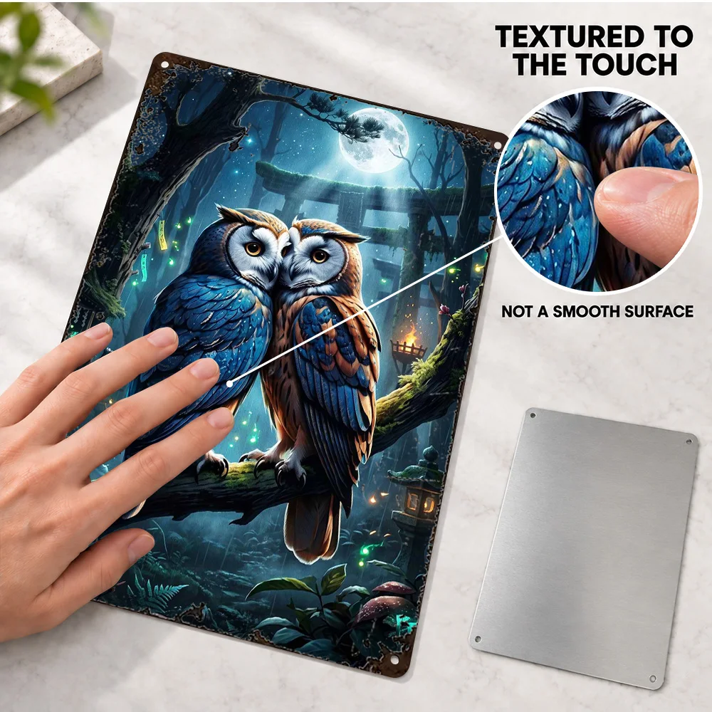 Two Owls Perched In Enchanted Forest Printed Poster Personalized Aluminum Metal Sign Painterly Illustration Wall Art For Library