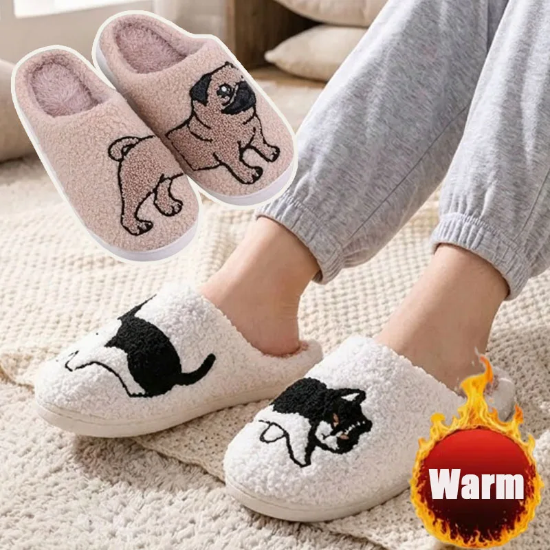 1-4pairs Cute Cow Print Plush Slippers Thick Fleece Lined Warm Non Slip Cotton Home Shoes for Women Girls Winter