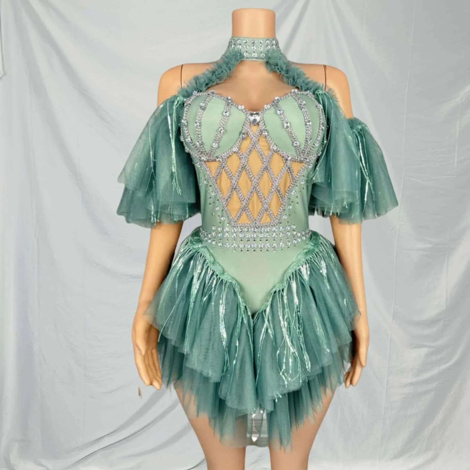 

Bibo сексуальное прозрачное боди с открытыми плечами, вечернее платье со стразами, танцевальный костюм для выступлений, ночной клуб, танцовщица, сценическая одежда