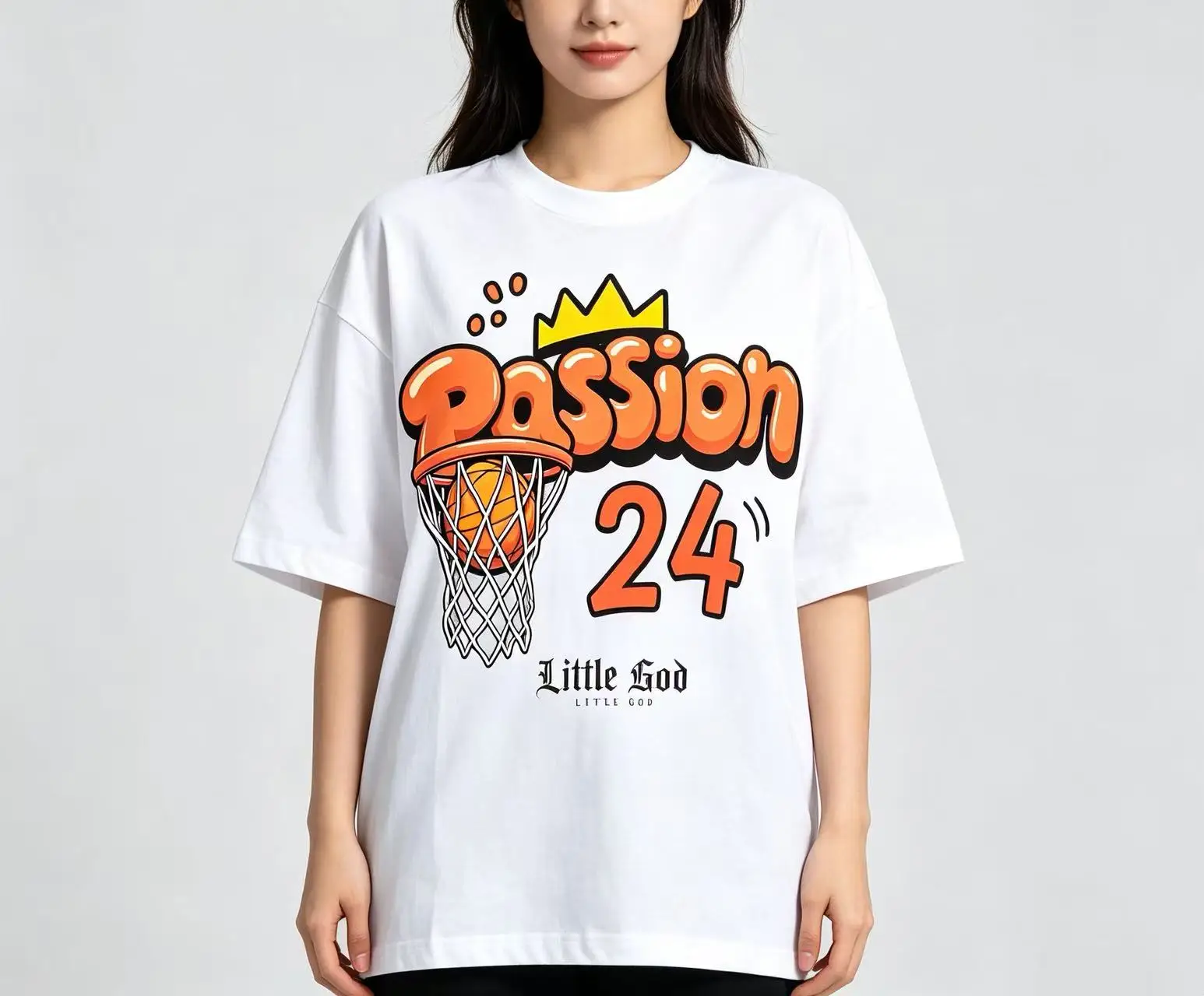 Unisex Passion 24 Basketball Hoop Crown Bubble Letter Graphic T Shirt Men Women Sport Hip Hop Print Oversized Crew Neck Streetwear Tee