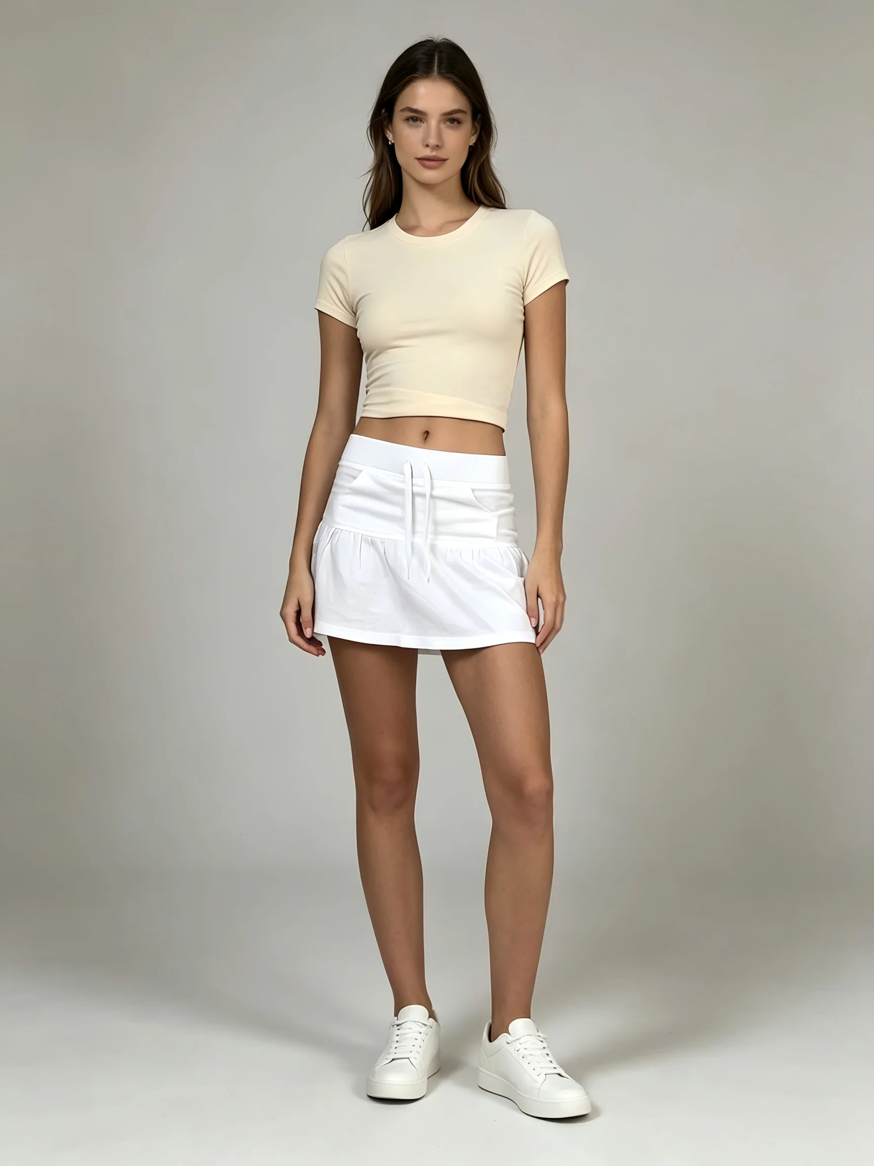 Solid White Mini Skort for Ladies with Ruffle Elastic Waist Drawstring And Side Pockets Flowy A-Line Short Skirt for Summer Gym