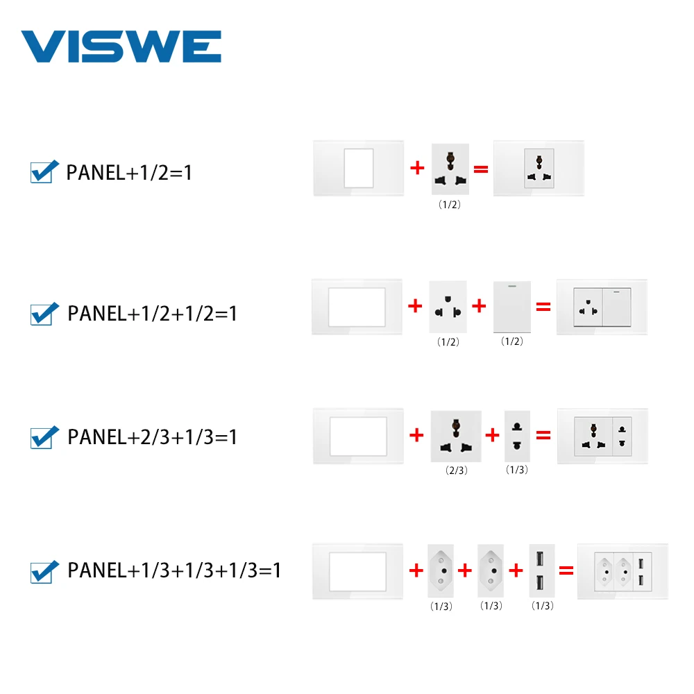 VISWE Brazil Standard Wall Outlets 10A 20A Power Plug with usb type-c,Tempered Glass Panel BR Socket Light Switch Rj45 Interface