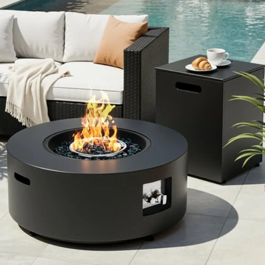 30-Inch Round Propane Fire Pit Set for outdoor use, stainless steel, black, 50, 000 BTU high heat output and weather-resistant
