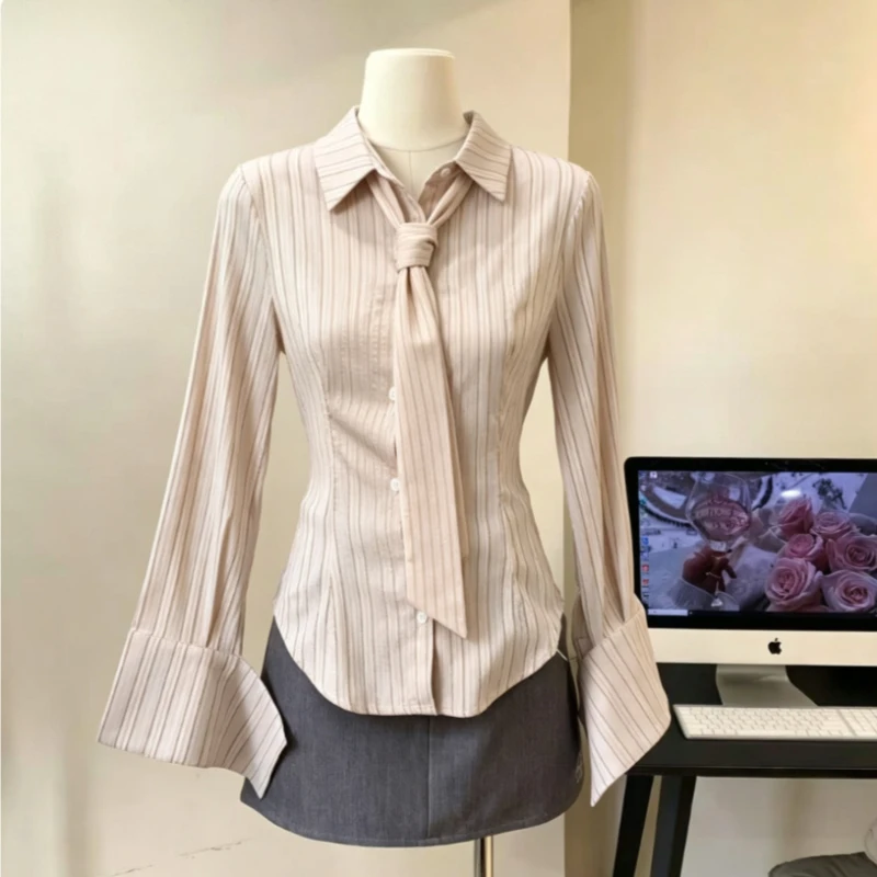 Y2K Harajuku Fashion Shirt Ladies Casual Korean Style Striped Long Sleeve Blouse Slim Fit Elegant Clothing Autumn Daily
