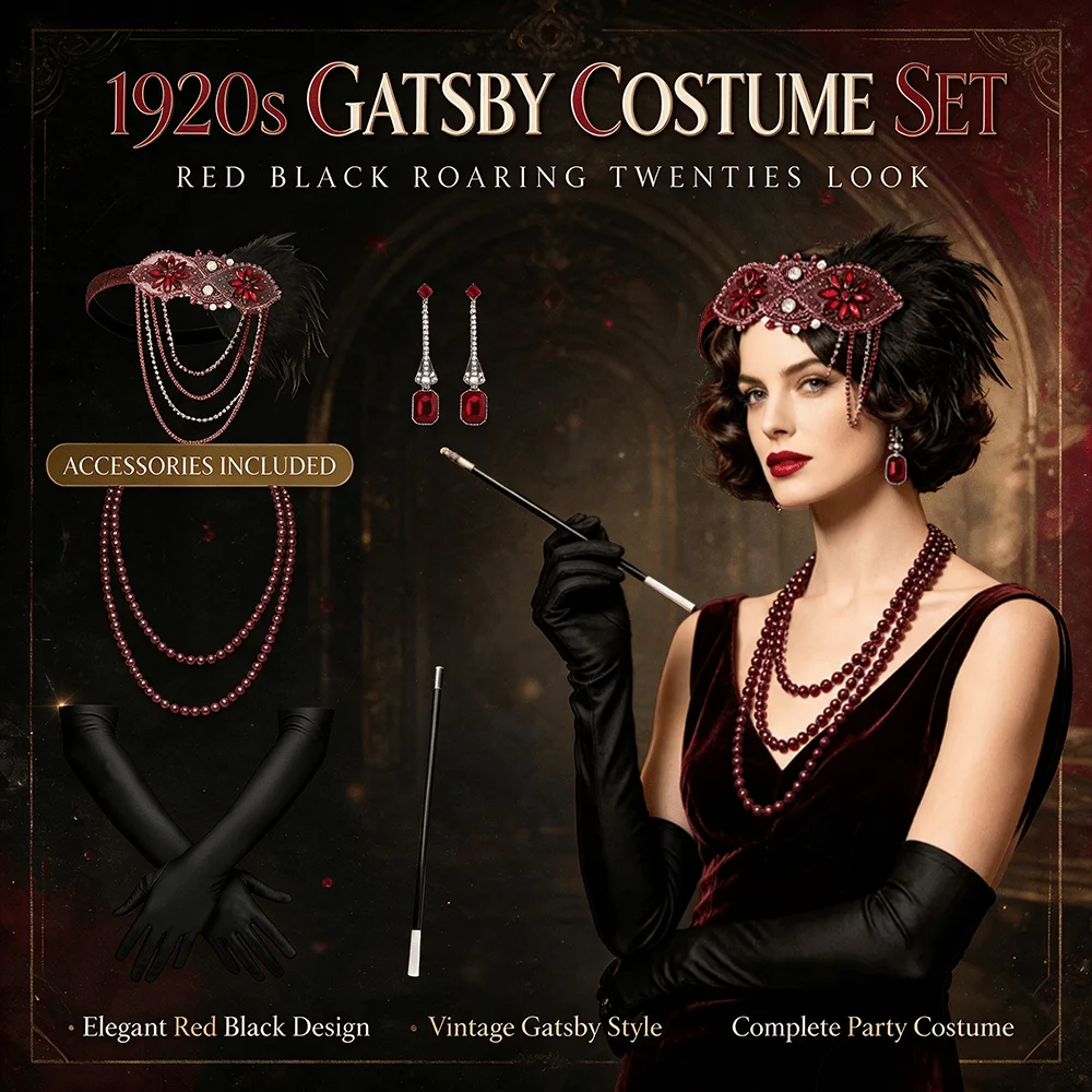 PESENAR 1920s Gatsby Flapper Costume Set Red Black Feather Headpiece Pearl Necklace Long Gloves Vintage Holder Prop for Hallowee