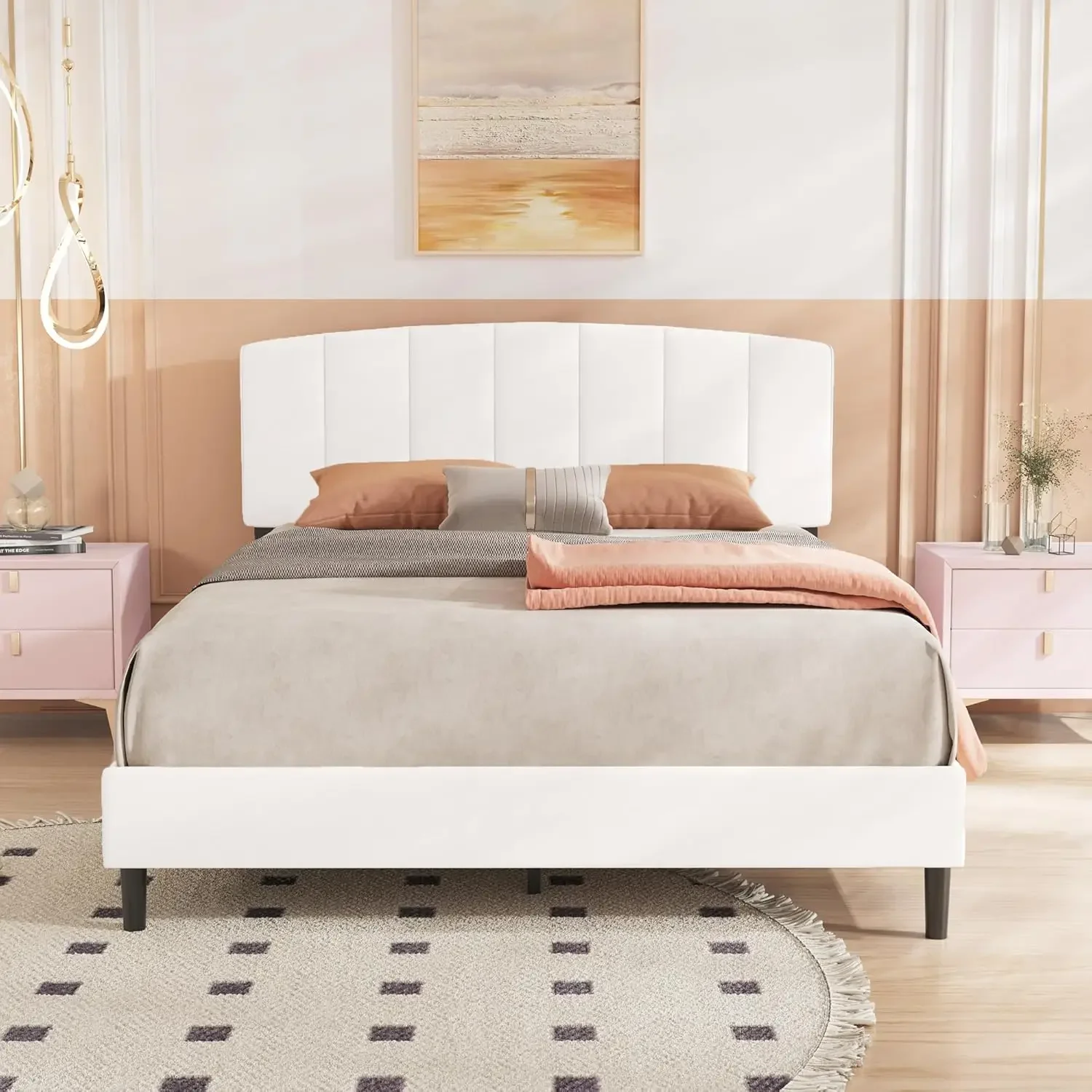 Upholstered Platform Bed Frame with Velvet Upholstered Headboard Wooden Slats Support No Box Spring Needed Easy Assembly