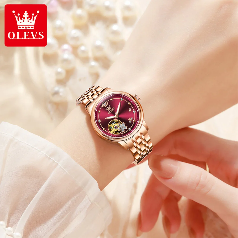 OLEVS 6732 Women Watch New Elegant Women's Automatic Mechanical Watch Top Luxury Brand Premium Diamond Skeleton Women Bracelet