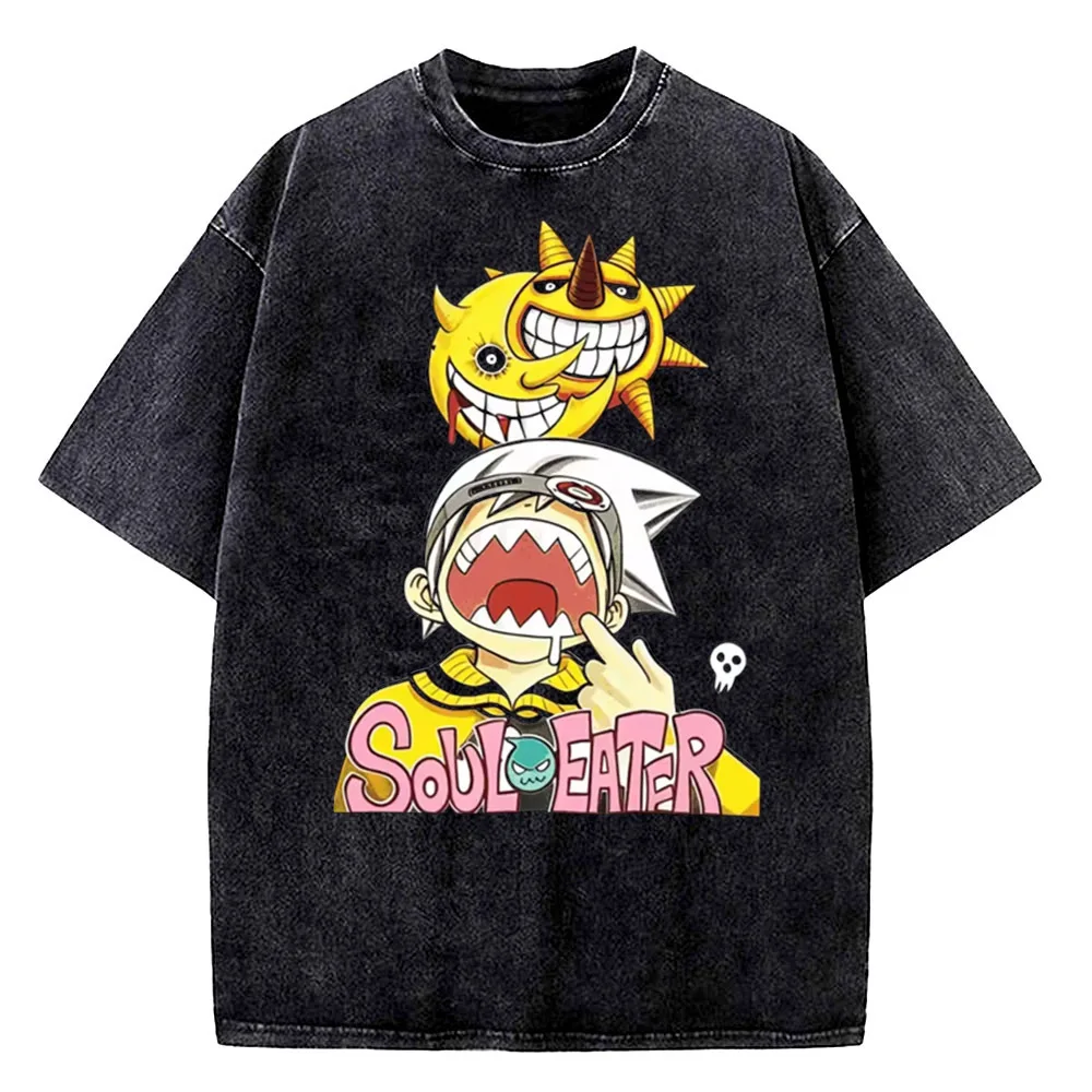 Soul Eater cotton Vintage Washed t shirt men anime Psychedelic Comfortable Grunge Pastel 80s harajuku Graphic University hip hop