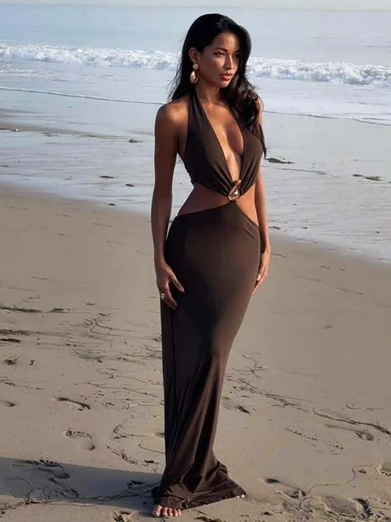 DGLUKE Halter Backless Sexy Woman Dress Deep V-Neck Cut Out Maxi Dress Summer Long Beach Party Dresses