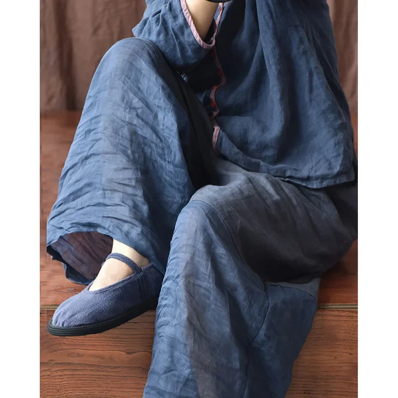 Women Vintage Linen Ramie Wide Leg Pants Elastic Waist Loose Plus Size 2022 Summer Patchwork Pockets Ankle-length Causal Pants