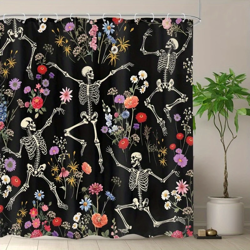 Omifly Skull & Wildflower Shower Curtain Gothic Goth Skeleton Design with Black Colorful Florals & Spooky Skeleton Pose