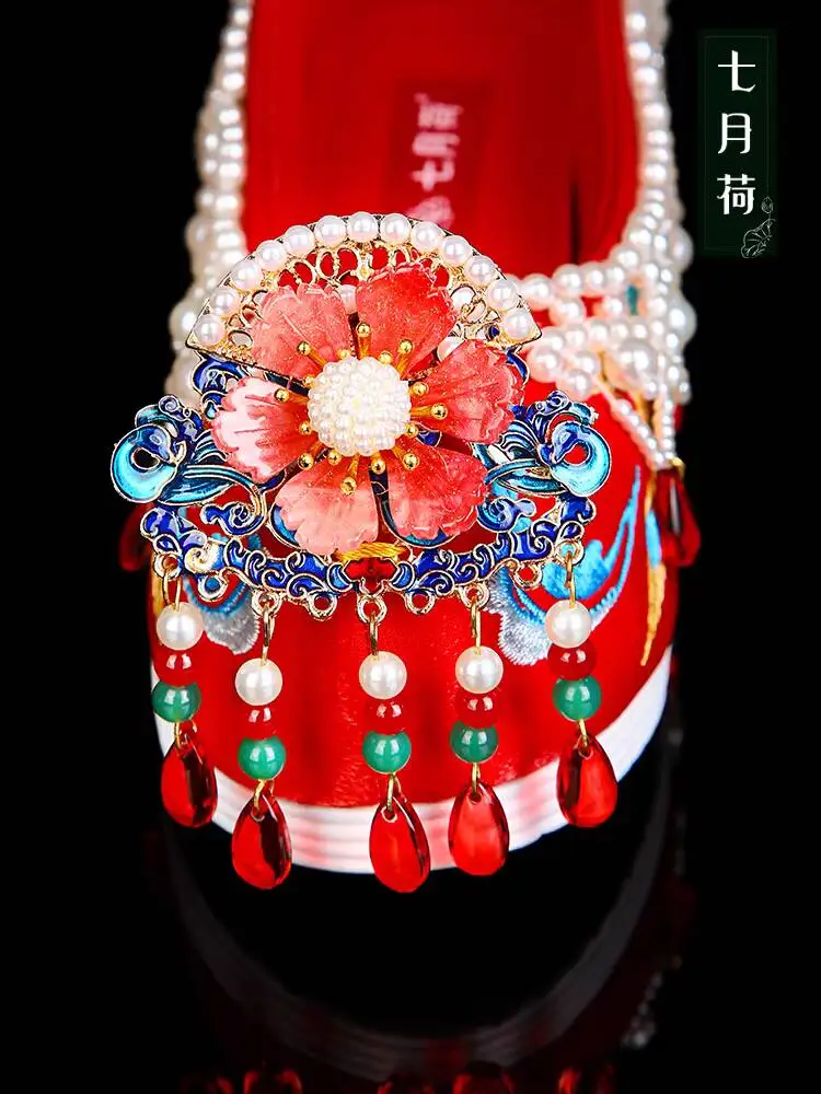 

July Lotus[elixir]Xiuhe Wedding Shoes In Bright Red With Beads, Chinese-style Embroidered Bridal Shoes Made In The Ming Dynasty