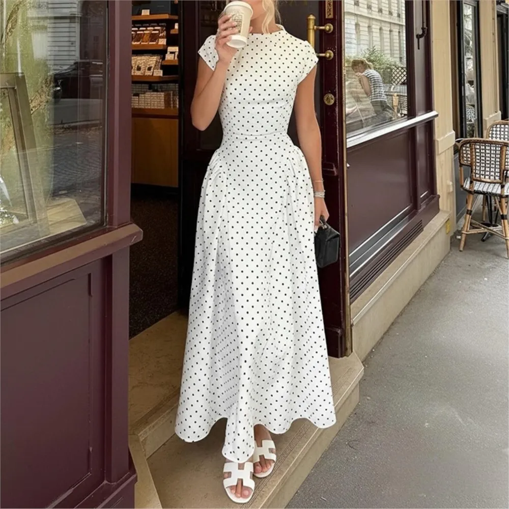 Summer Printed Polka Dot Women's Short Sleeve High Waist Dress 2026 New Fashionable Waist Elegant Female Party White Max Dresses view 2