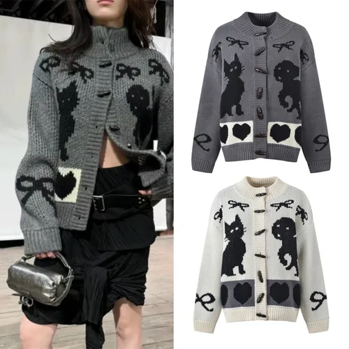 고급스러운 스웨터 니트 여성용 긴팔 고급스러운 유럽 스타일 디자인 감각 가을 겨울 느긋한 빈티지 버튼 카툰 텍스처 스웨터 니트 상의 스웨터  Best5