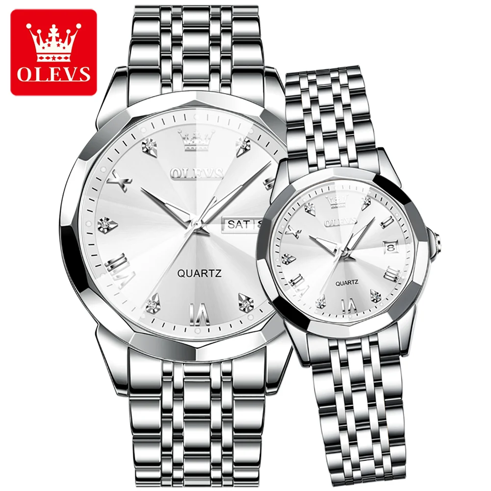 OLEVS 9931 Quartz for Couple Solid Stainless Steel Strap Rhombus Design Fashion Business Wristwatch Men\'s Watches Waterproof Set