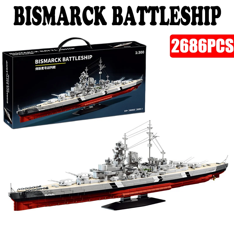 

New WWII German Bismarck Battleship Building Blocks Kit 1:300 Scale, 2686Pcs Naval Warship Model Bricks STEM Toys Kids Gifts MOC