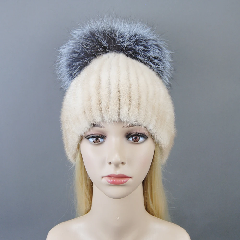 2024 New Luxury Women Winter Mink Fur Hats Knitted Real Mink Silver Fox Fur Caps Female Russian Winter Warm Real Fur Beanies Hat