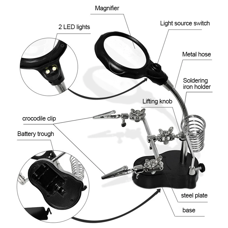 3.5x Welding Magnifier with LED Lights Desktop Magnifier with Auxiliary Clip Fixed Circuit Board Repair Magnifier Welding Repair