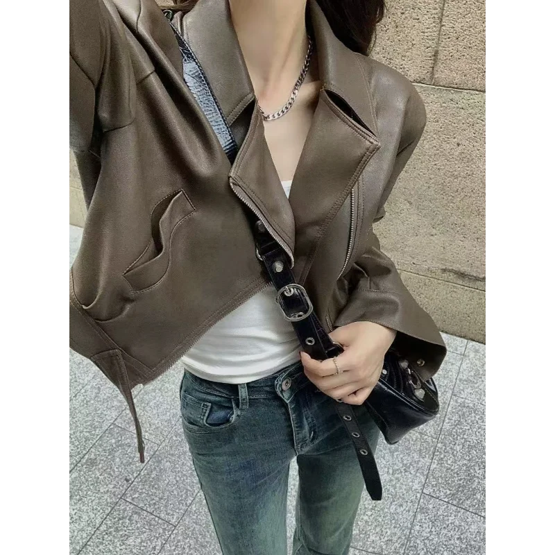 レザージャケット レディース 2025 春新作 気質のあるラペル ショート丈 PUレザー ウインドブレーカー
