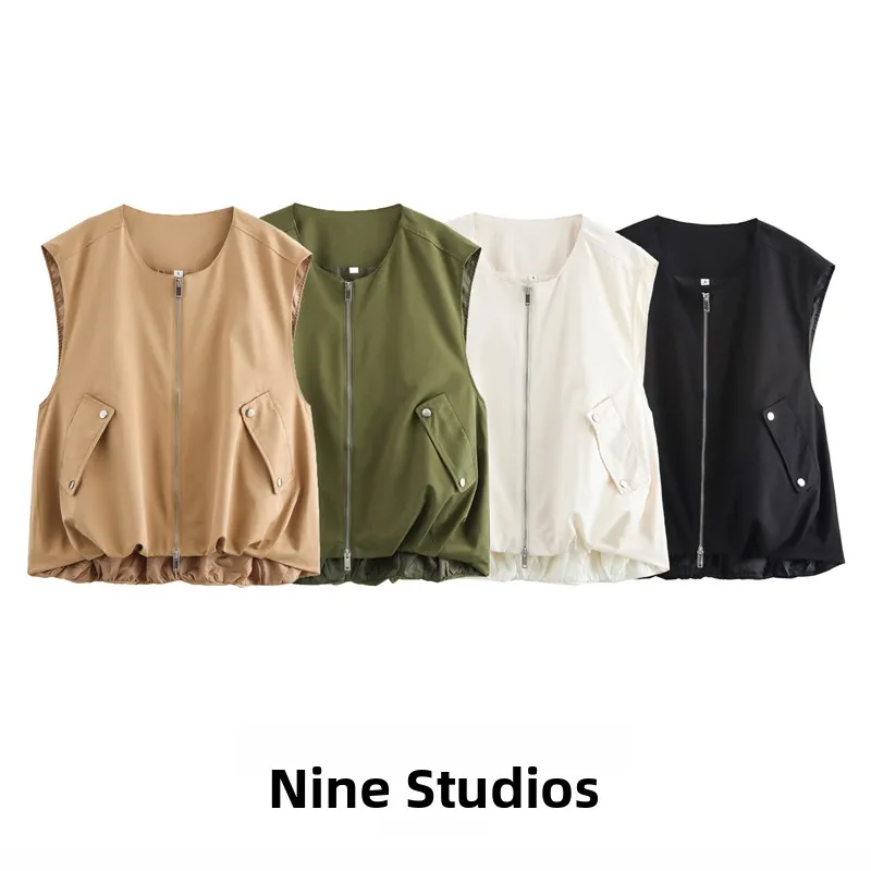 

Outdoor Casual Color Vest Women's Zipper Svel Top with kets Commute Sle round Ne Regular Length