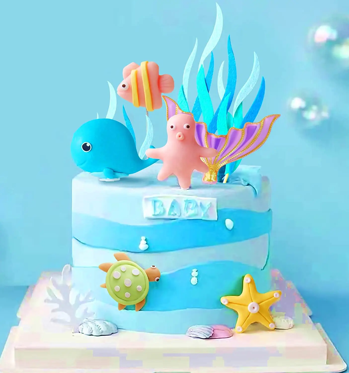 Geburtstagstorte Dekor Meerjungfrau Seestern Muschel Kuchen Topper Fisch Topper unter dem Meer Kuchen Topper Ozean Thema Geburtstag Party Supplies – Detail 4