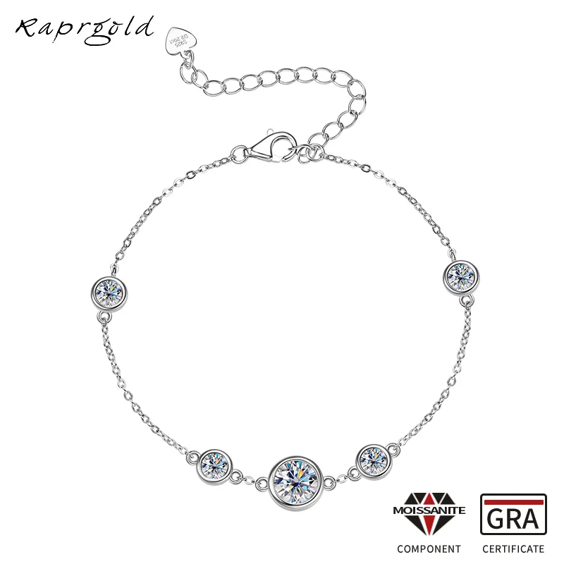 

RAPRGOLD D Color Round Moissanite Bracelet for Women Girls Real 925 Sterling Silver Adjustable Chains Wedding Fine Jewelry Gift