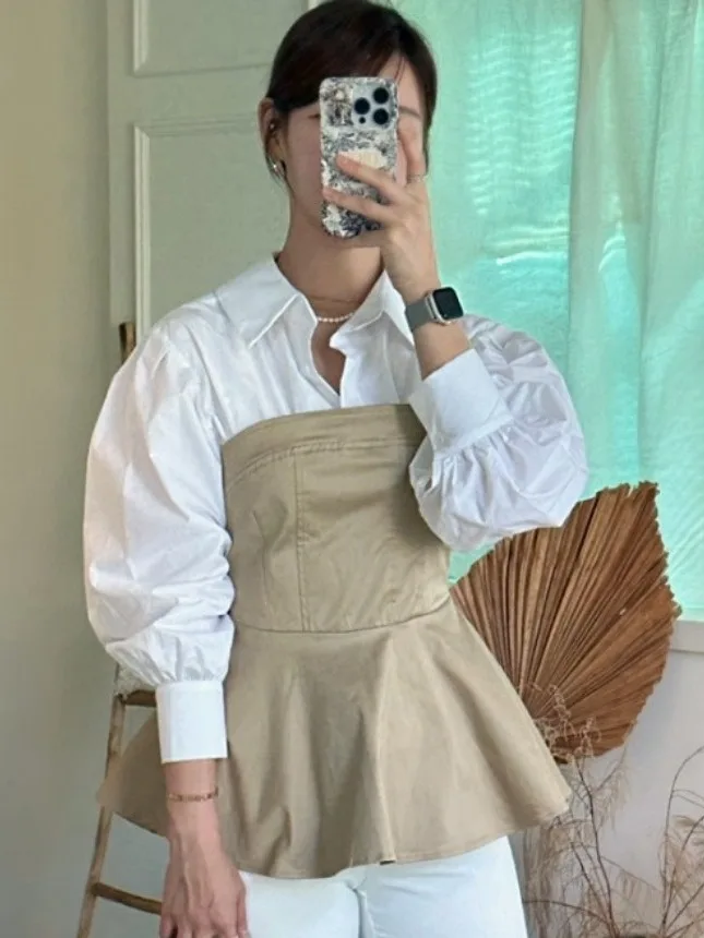 

Ele Women's irt Slim Fit Patchwork Waist-Cinching High-End Feelings Long Sve Bell Sve Color Commute Sle