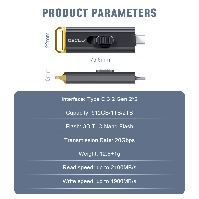 OSCOO 512GB 1TB SSD محرك فلاش USB 20Gbps 3D TLC Nand Flash Type C 3.2 GEN2 * 2 قرص ذاكرة لاسلكي محمول SSD محرك فلاش USB