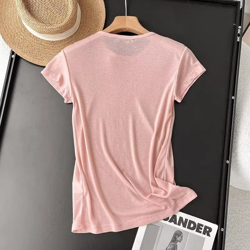 Dave&Di Nordic Minimalist Solid Color Basic Round Neck T-Shirt For Women Top Cotton Soft Casual Summer Tshirts