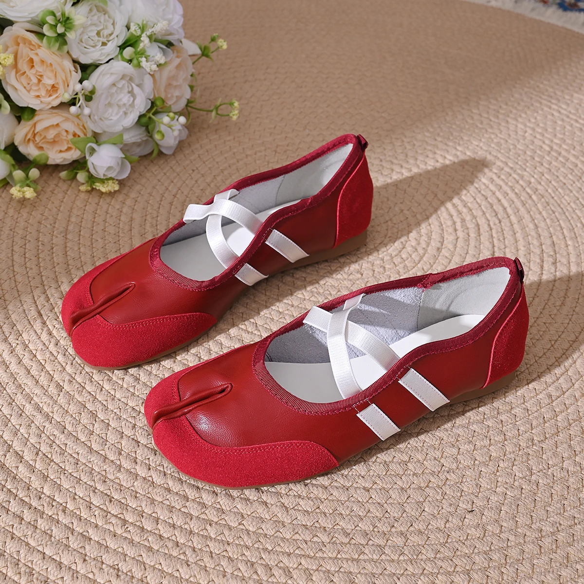 Split-Toe Casual Ballet Flats Shoes Women Genuine Pu Leather Cross Band Mary Janes Shoes Streetwear Elegant Loafers New Summer view 3