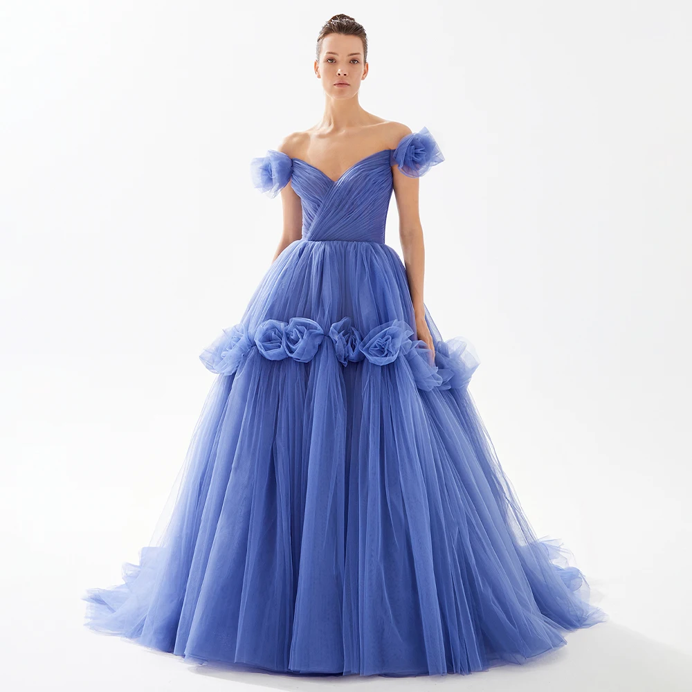 Elegant Quinceanera Dresses Blue Off the Shoulder 3D Flowers Quinceanera Gowns for Youth V Neck Pleat V Neck Luxury Ball Gowns