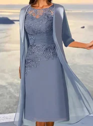 Vestidos azuis empoeirados na altura do joelho para casamentos, apliques florais de renda, em camadas Ruched, mãe da noiva, vestidos para casamentos