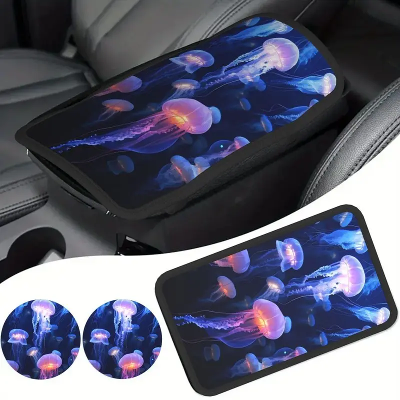 3pcs Jellyfish Ocean Armrest And Cup Holder Set, Dark Blue Sea Decor Car Interior Additions And Decorations for Men And Women