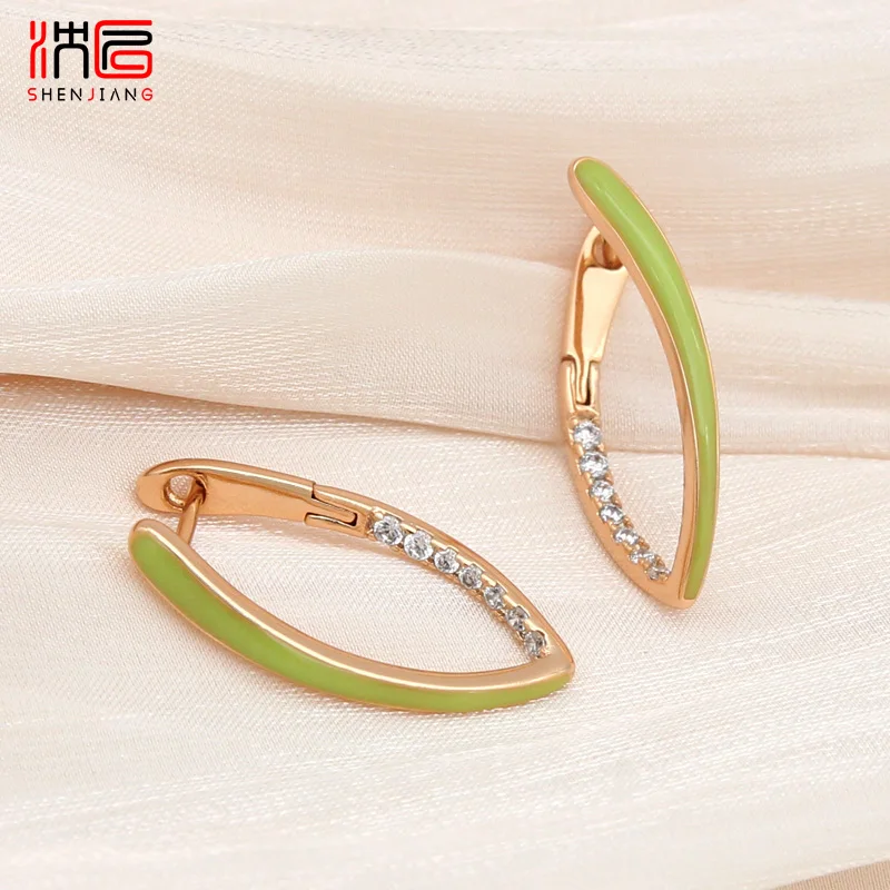 SHENJIANG New Fashion Green Enamel Drop Earrings For Women Girl Wedding 585 Rose Gold Color Jewelry Cubic Zirconia Eardrop