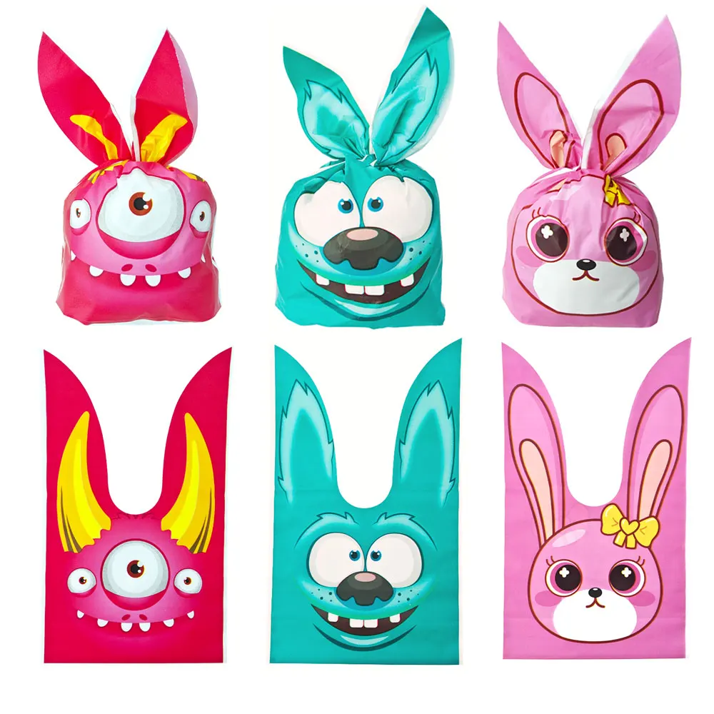 10/25/50/100pcs Plastic Monster Candy Bags Easter Cookie Cute Carton Rabbit Ear Bags Combination Monster Rabbit Candy Bag Gifts