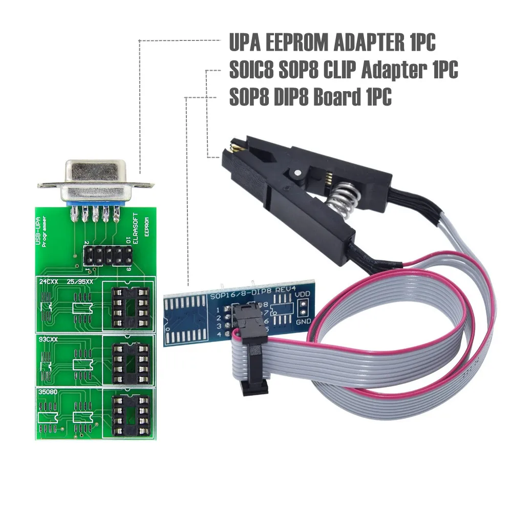 

UPA USB Eeprom Adapter with SOIC8 SOP8 Clip Cable and DIP8 Board for UPA V1.2 V1.3 USB Programmer