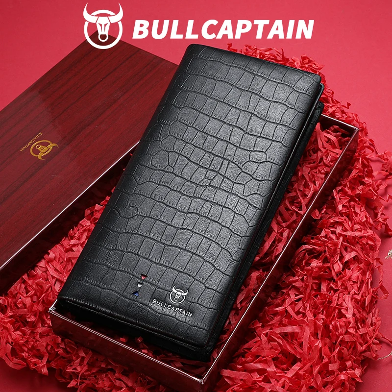 

Мужской длинный кошелек BULLCAPTAIN из натуральной кожи с тиснением под крокодила - роскошный деловой кошелек с защитой от RFID для карт