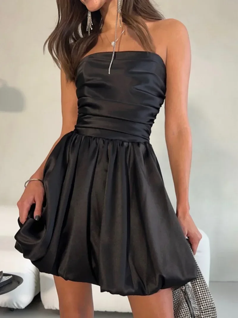 

Women's Strapless High Waist A-line Short Dresses Fashion Sexy Sleeveless Backless Tunics Solid Birthday Party Dress White Black