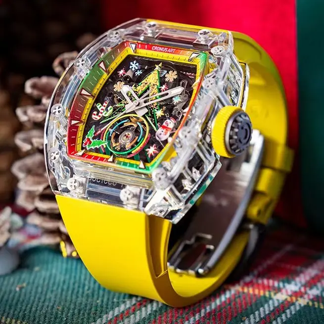 CRONUSART Men Automatic Watch Tonneau Mechanical Wristwatch Acrylic Case Sapphire Mirror Luminous FKM Strap Christmas Dial