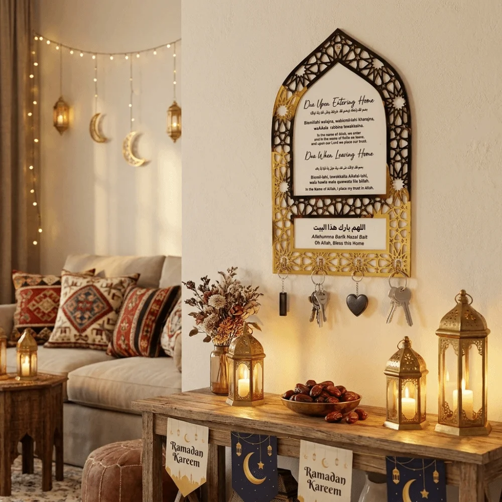 

Wall Mounted Islamic Key Rack Decorative Spiritual Reminder Arabic Key Holder Detachable with Islamic Motifs Acrylic Key Hanger