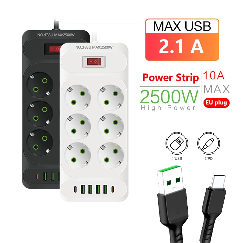 EU Plug Power Strip 2m Extension Cord 6 Outlet with 4 USB Ports 2 Type-C Fast Charge Multiprise Network Filter Electrical Socket