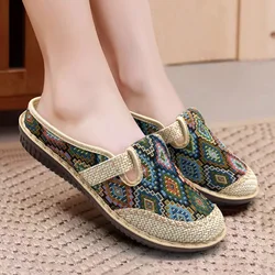 Women Slipper Ethnic Embroidery Summer Flat Shoe Linen Wedge Cloth Shoes Soft Sole Walking Elderly Sandal Ladies Slip-on Muller