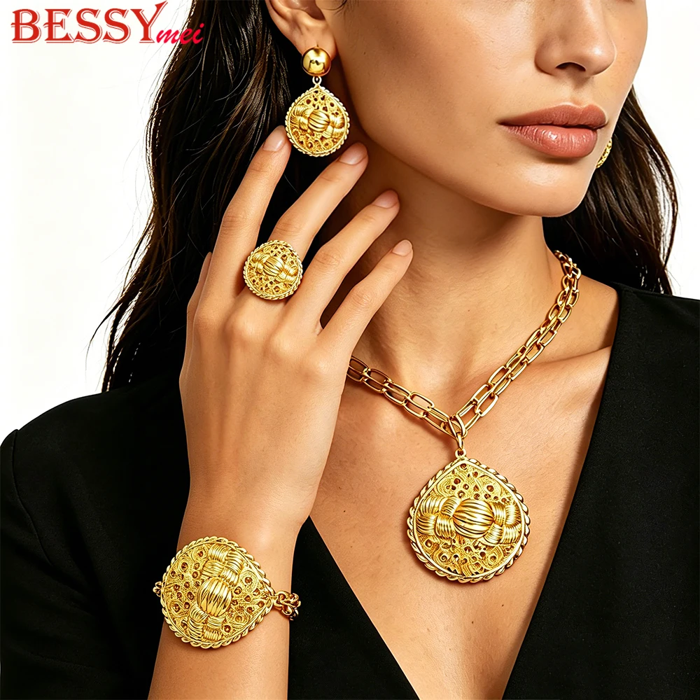 Classic Medallion Jewelry Set African Dubai Bridal Wedding Necklace Earrings Bracelet Ring For Women Luxury Party Jewelry Gift