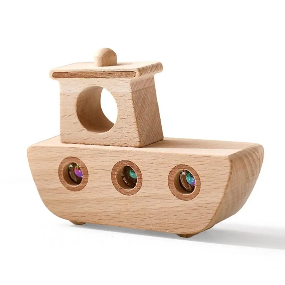 Fine Motor Skills Boat Toy Educational Wooden Rolling Ball Boat Toy for Toddlers Hand Push Boat with Acrylic Beads