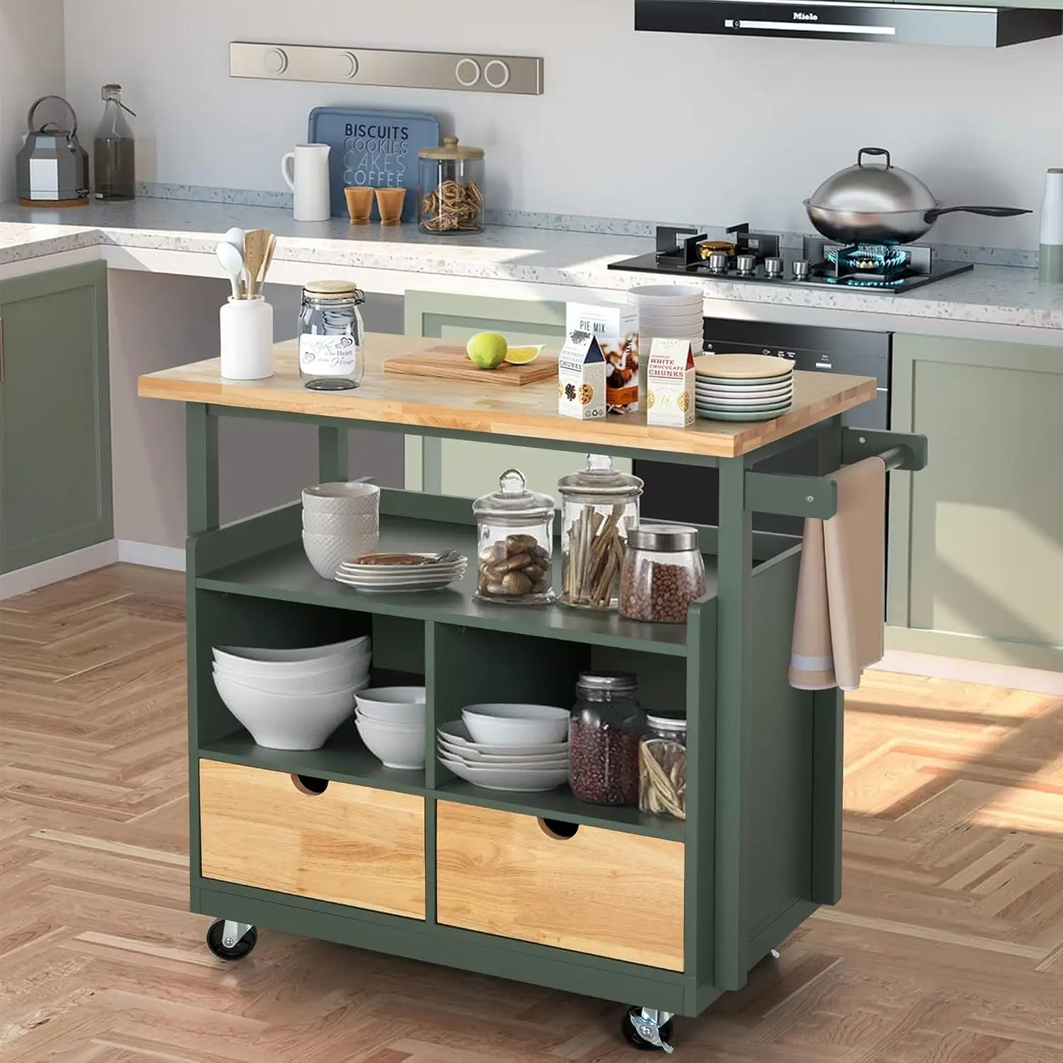 Kitchen Island Cart on Wheels - Butcher Block Island Table for Food Prep, Rolling Kitchen Trolley with Storage