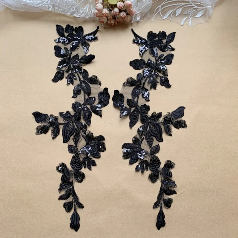 2 Pieces New High Quality Milky White Sequin Lace Patch Embroidery Accessories, Handmade DIY Wedding and Headwear Clothing,