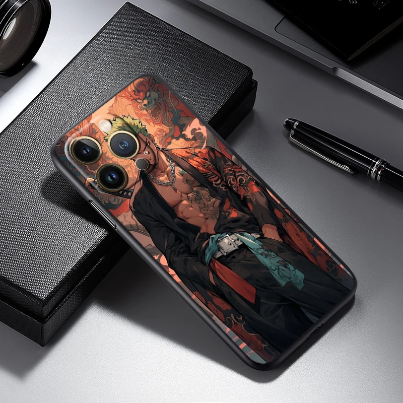 Caso de telefone preto de luxo One Piece Anime Zoro, Mini para iPhone 15, 14, 13, 12, 11, XS, XR, X, 8, 7, SE Pro Max, Plus