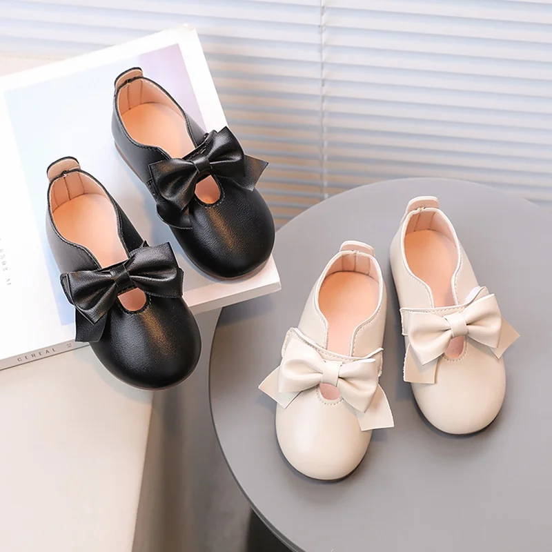 Baby Girl\'s Mary Janes Big Bowknot Soft Pu Leather 21-30 Children Flat Shoes Black Beige Stylish Sweet Comfy Kids Princess Shoe