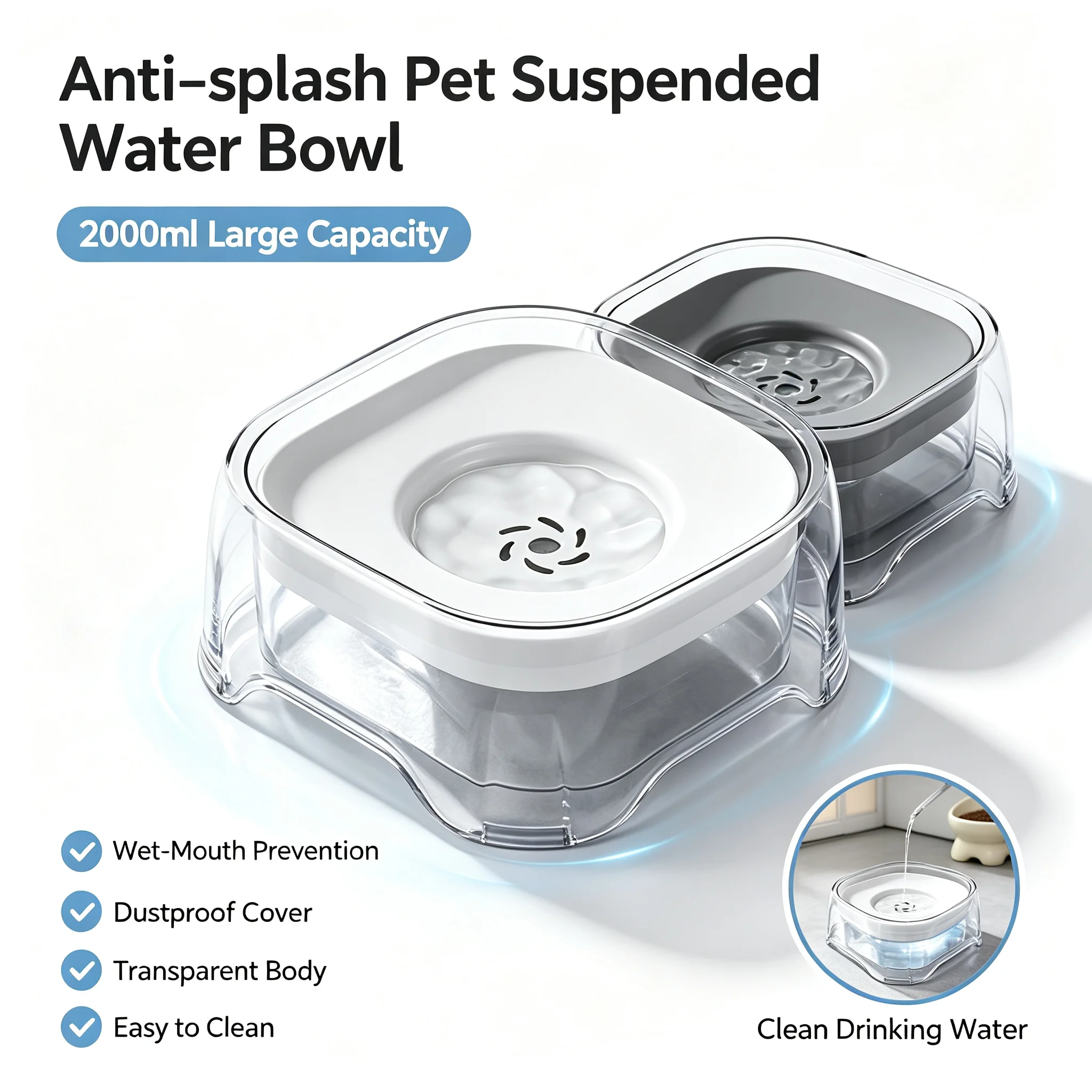 Pet Water Bowl Anti Splash Floating Slow Feeder No Spill Transparent Drinking Dish Filter Dogs Cats Large Capacity